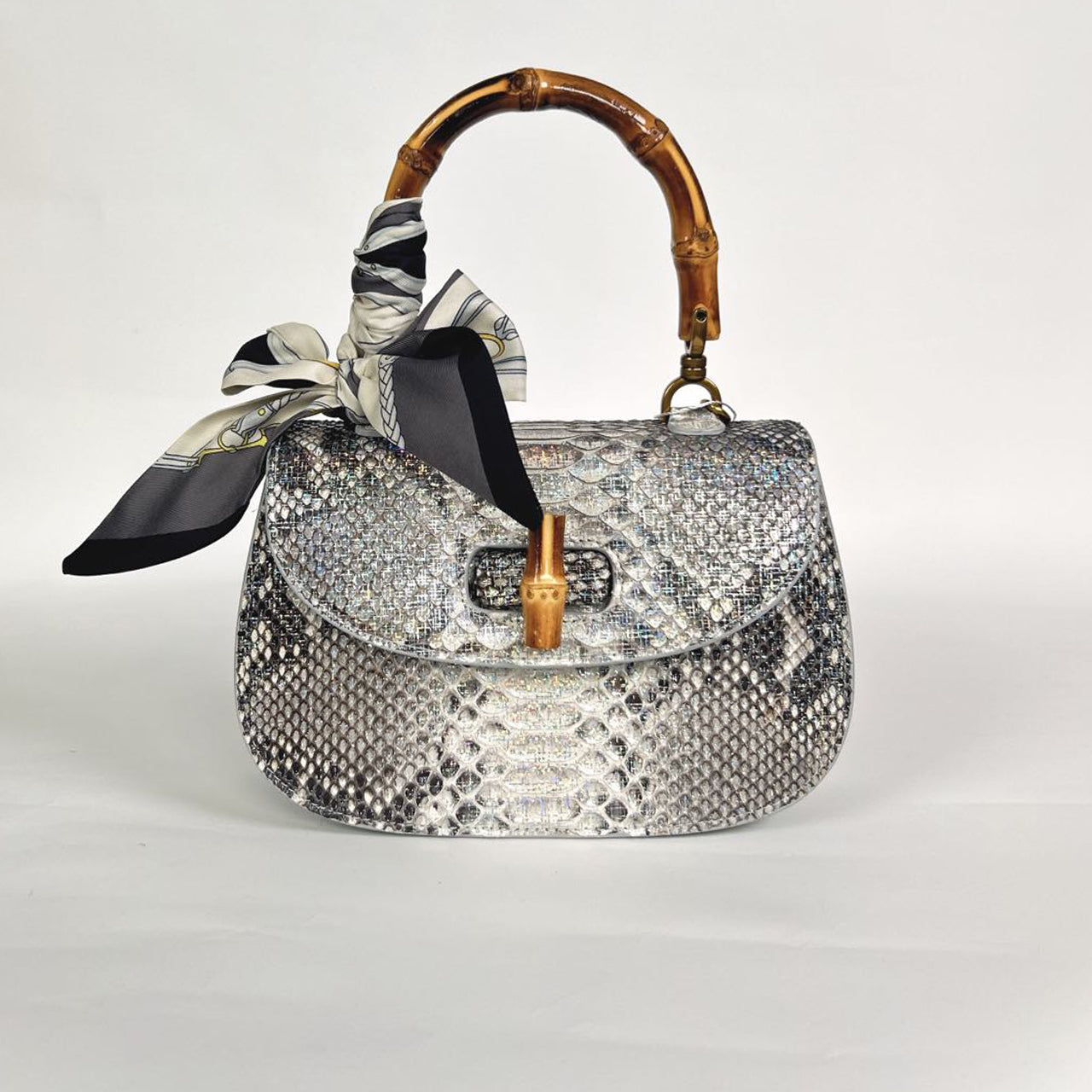 Python Leather Bamboo Handle Women's Tote Bag PD0505