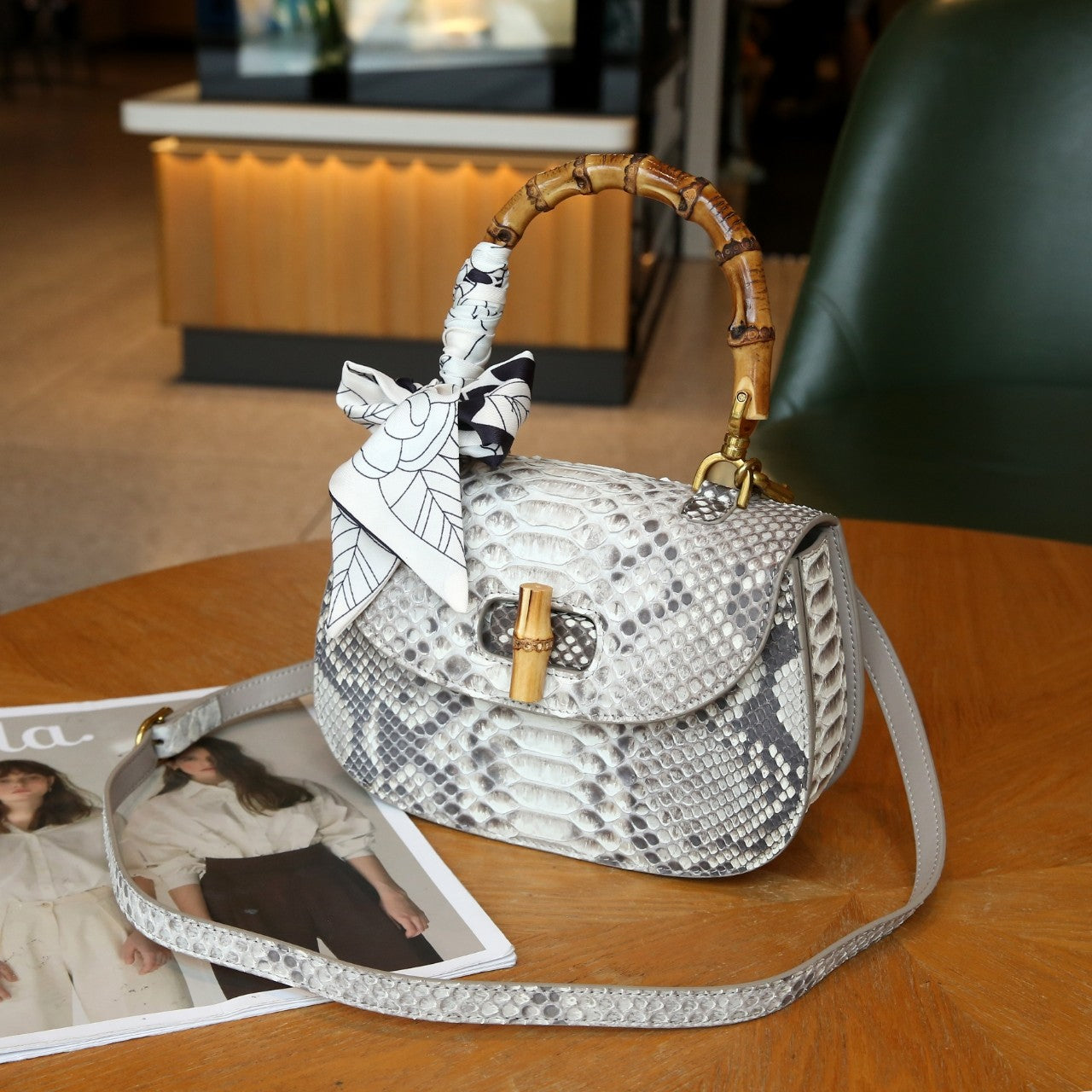 Python Leather Bamboo Handle Women's Tote Bag PD0505