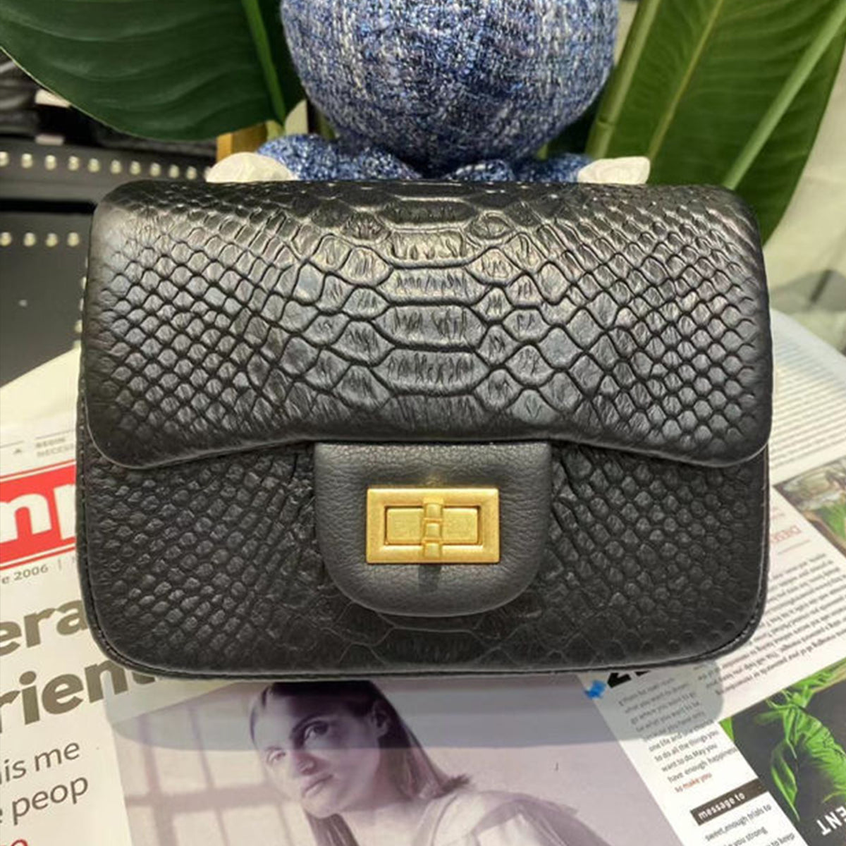 [PD0343 GOLD]20cm yak full grain leather python grain flap bag PD0343