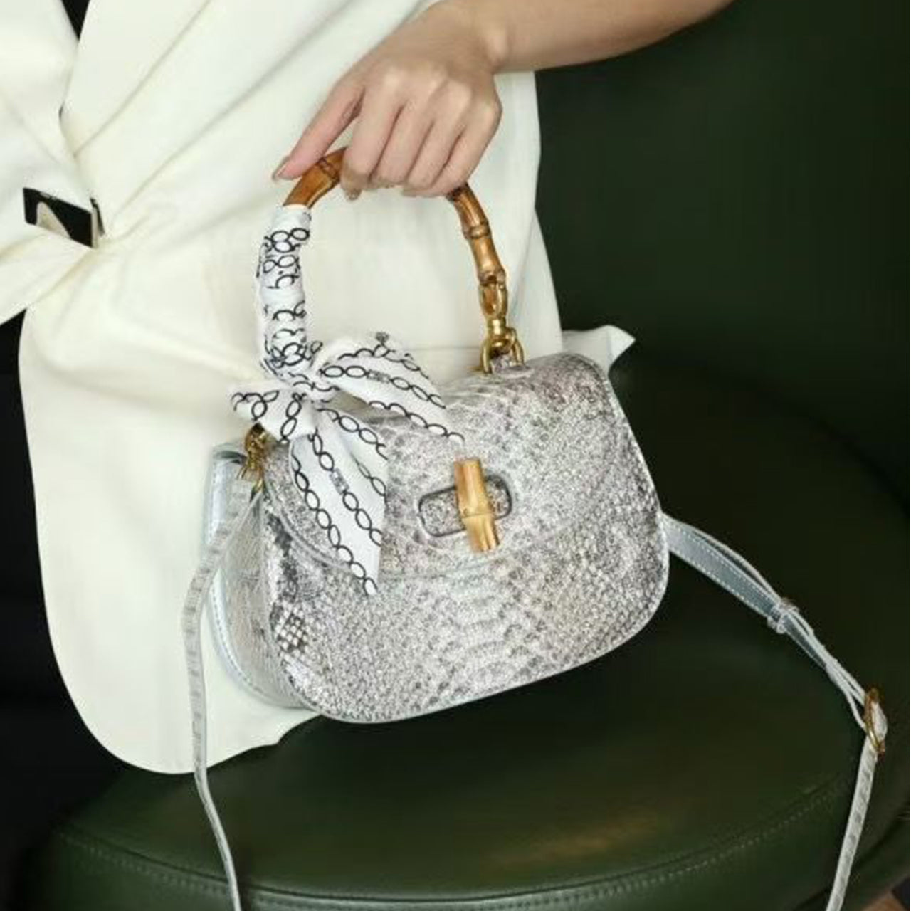 Python Leather Bamboo Handle Women's Tote Bag PD0505