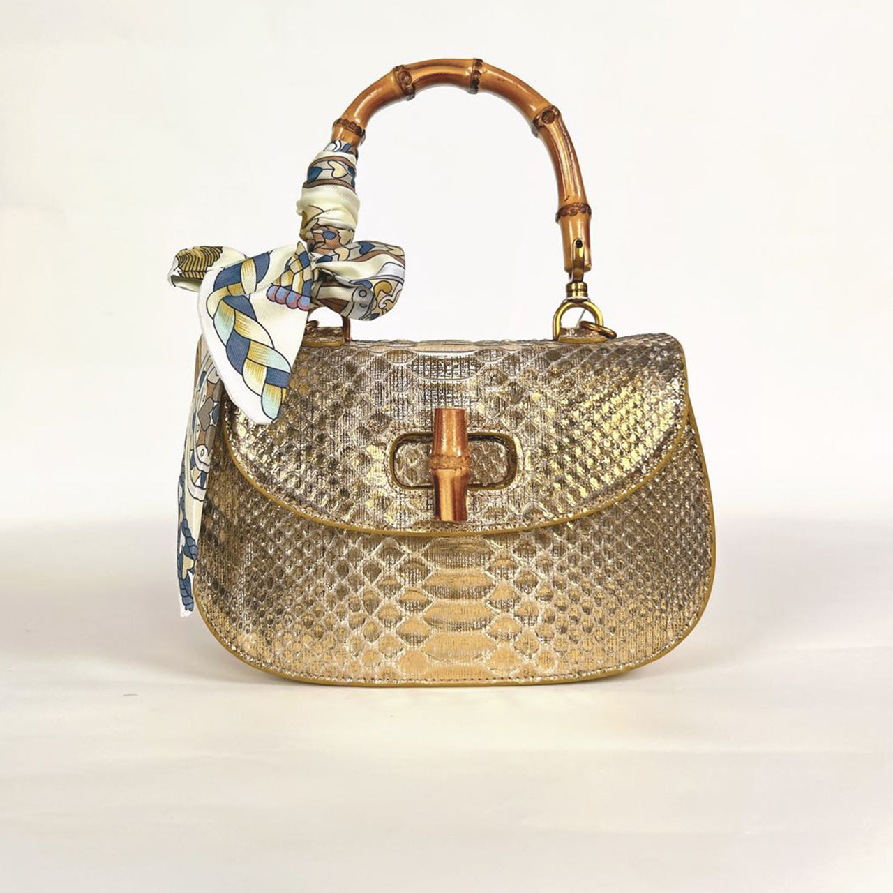 Python Leather Bamboo Handle Women's Tote Bag PD0505