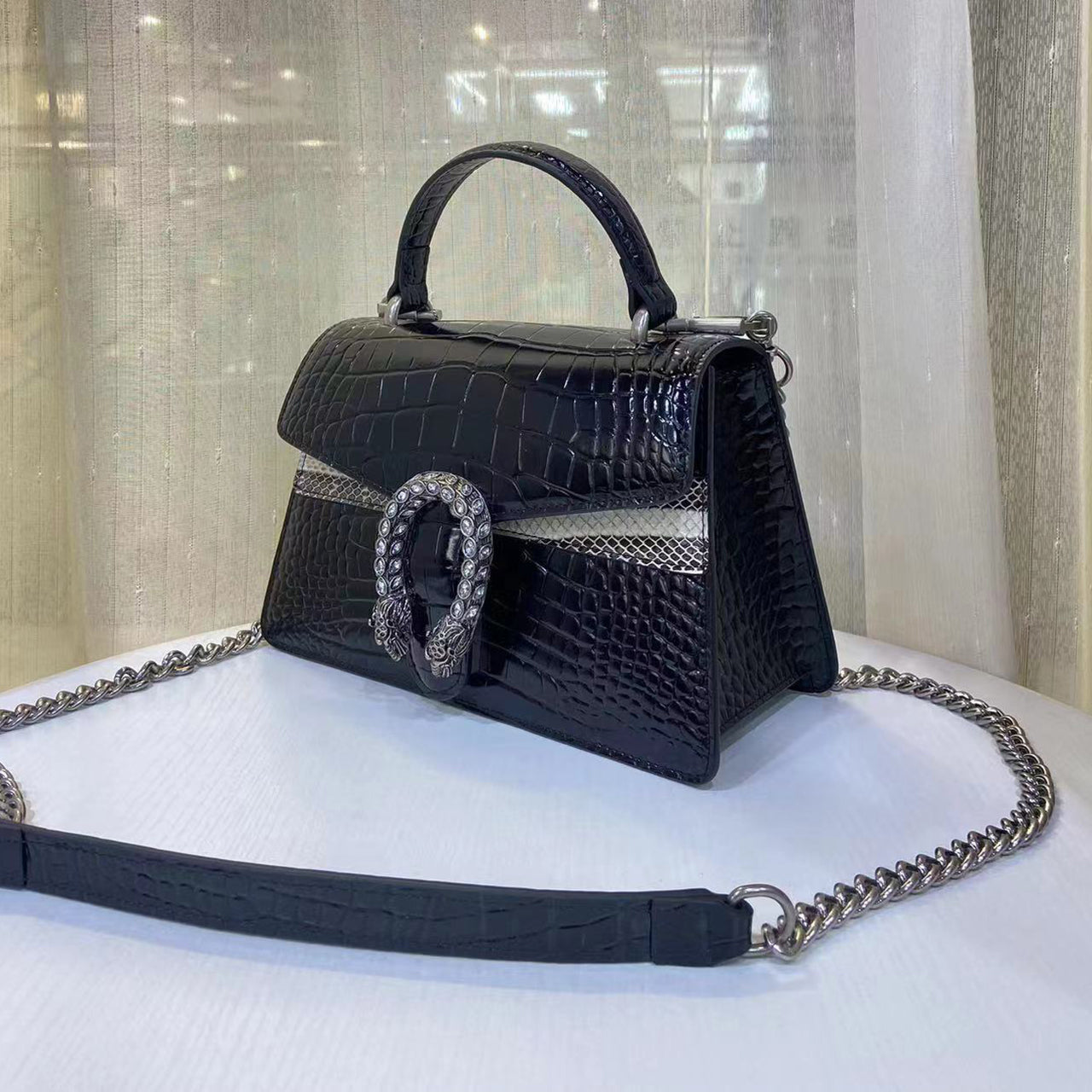 [PD0663] Top grain leather patent glossy cowhide real snakeskin handbag crossbody crocodile printed structured top handle PD0663