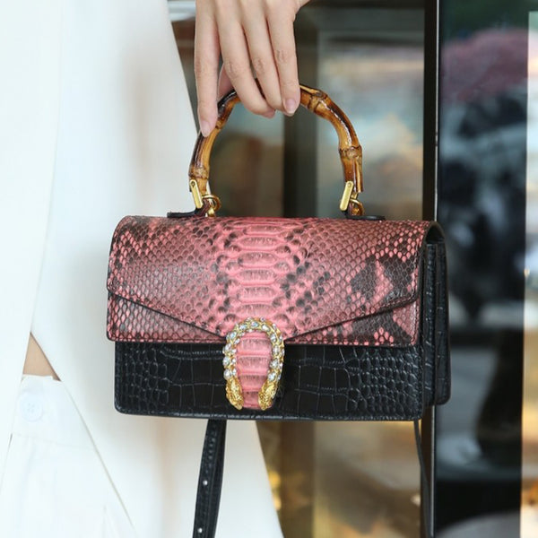 [PD0635] Python Leather Tote Women's Flap Bag Bamboo Handle Leather Bag PD0635