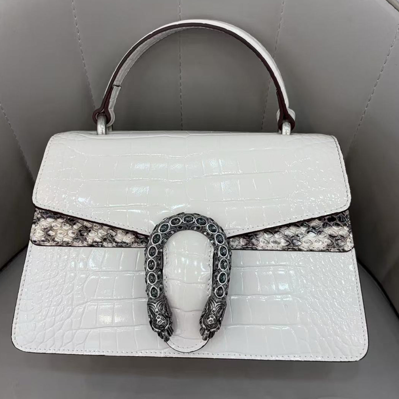 [PD0663] Top grain leather patent glossy cowhide real snakeskin handbag crossbody crocodile printed structured top handle PD0663