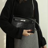 [PD0671] 27cm crocodile print flap underarm bag top grain leather shoulder bag PD0671