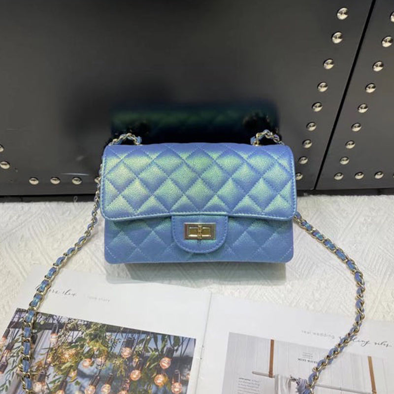 [PD0682] 20cm Mermaid colorful caviar head layer cowhide flap bag PD0682