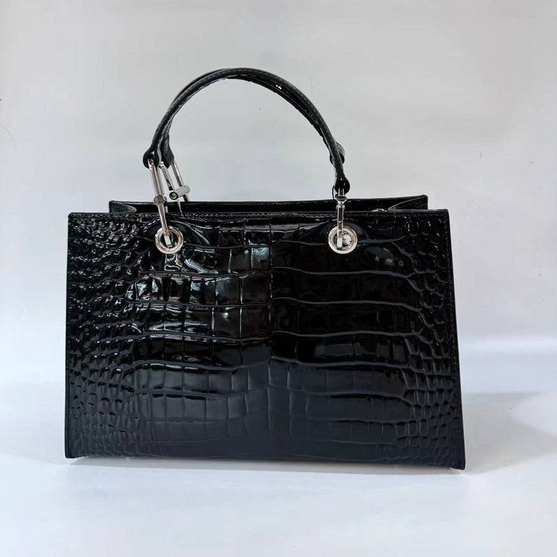 [PD0745]Crocodile-Embossed Patent TOP Grain Leather Tote Bag - Convertible Crossbody and Top Handle Design PD0745