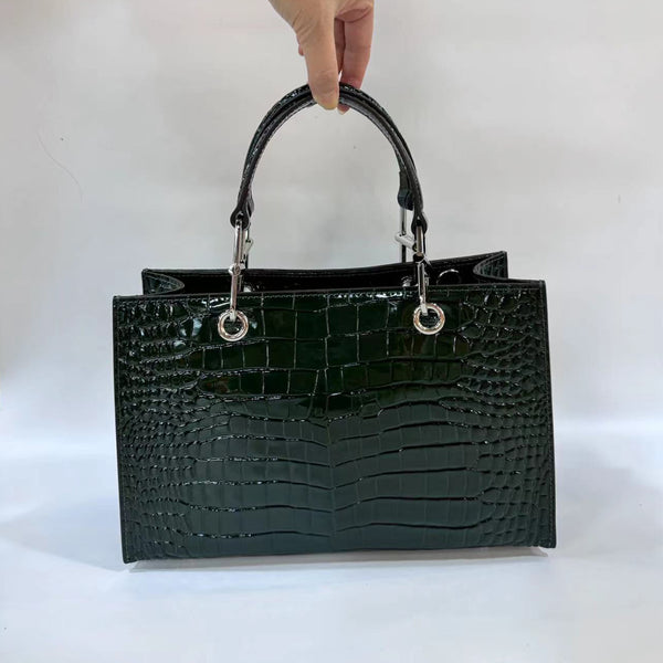 [PD0745]Crocodile-Embossed Patent TOP Grain Leather Tote Bag - Convertible Crossbody and Top Handle Design PD0745