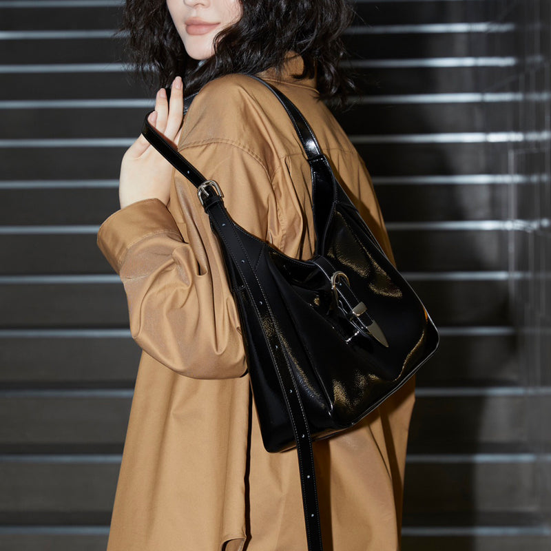 [PD0772] 30cm Large Capacity High-Quality Patent Cowhide Leather Women's Shoulder and Crossbody Bag with Adjustable Strap - PD0772