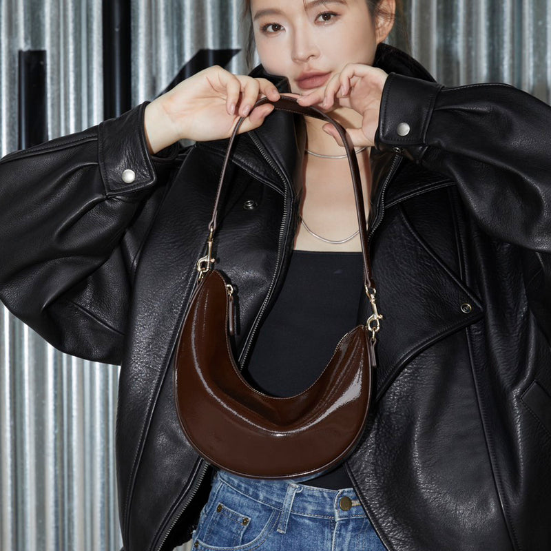 [PD0773] High-Quality Patent Cowhide Leather Women's Handbag, Shoulder and Underarm Bag with Asymmetrical Crescent Design PD0773