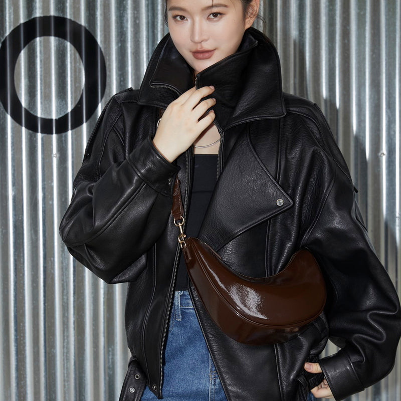 [PD0773] High-Quality Patent Cowhide Leather Women's Handbag, Shoulder and Underarm Bag with Asymmetrical Crescent Design PD0773