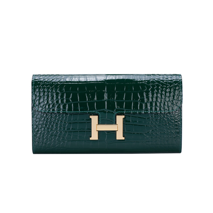 [PD0784] Top Grain Cowhide Crocodile Print Long Flap Wallet PD0784