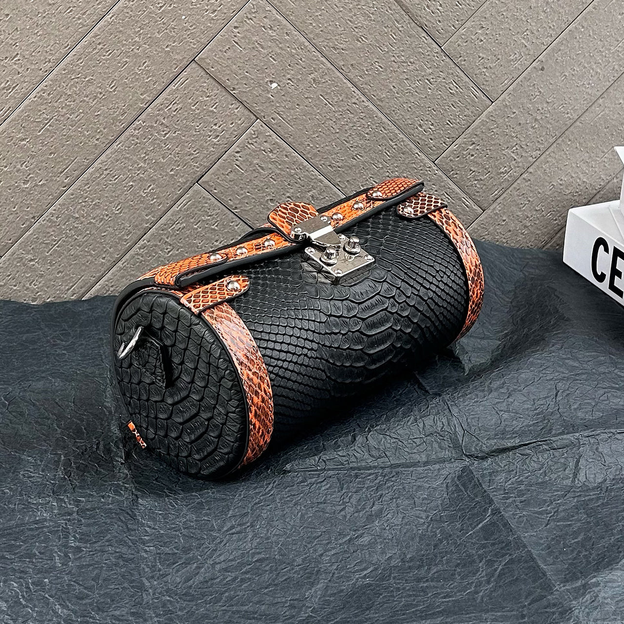 [PD0787]Top grain cowhide python texture handbag women's crossbody bag cylinder bag slingbag PD0787