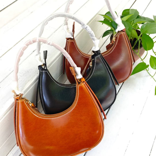 [PD0816]Tree Sap Leather Half-Moon Underarm Bag with Solid Brass Hardware and Full Leather Strap PD0816