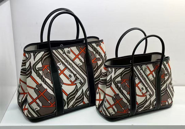 [PD0913]Garden style graffiti designed handbag canvas with Leather size 30 size 36 PD0913