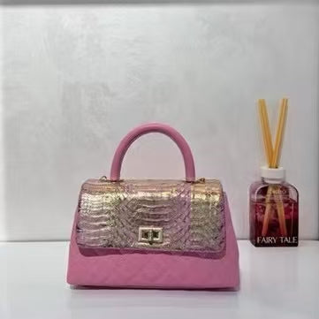 Genuine snakeskin flap with cowhide coco handle style Barbie pink with long strap 21cm handbag sling bag 
PD0952