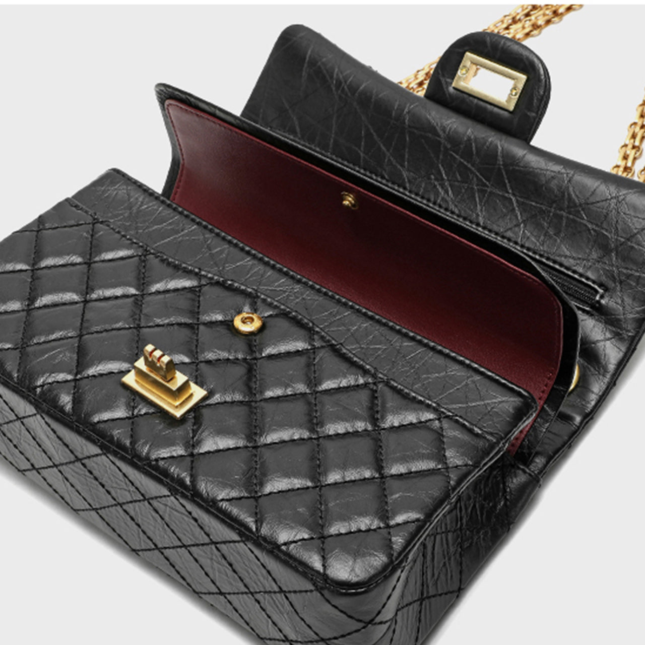 [PD0989] Premium Hand-distressed top grain cowhide double flap diamond quilted bag for women PD0989