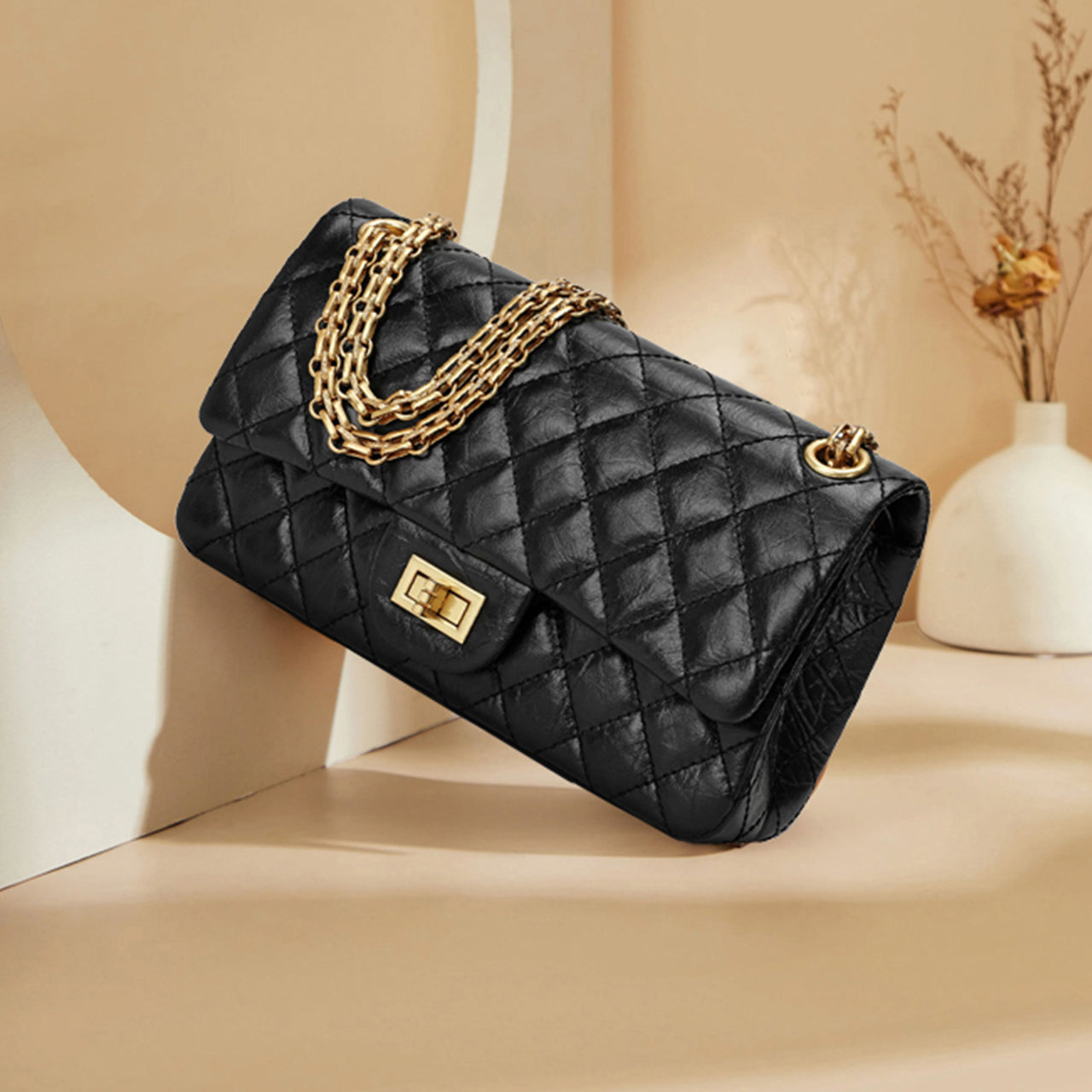 [PD0989] Premium Hand-distressed top grain cowhide double flap diamond quilted bag for women PD0989
