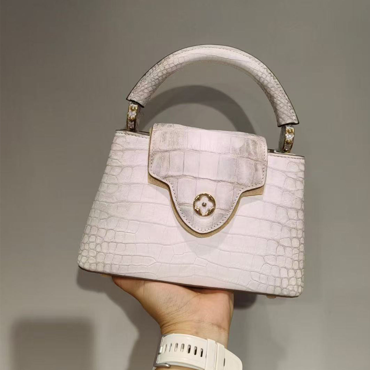 [PD1006] Himalayan white Full crocodile leather handbag crossbody bag 21cm PD1006