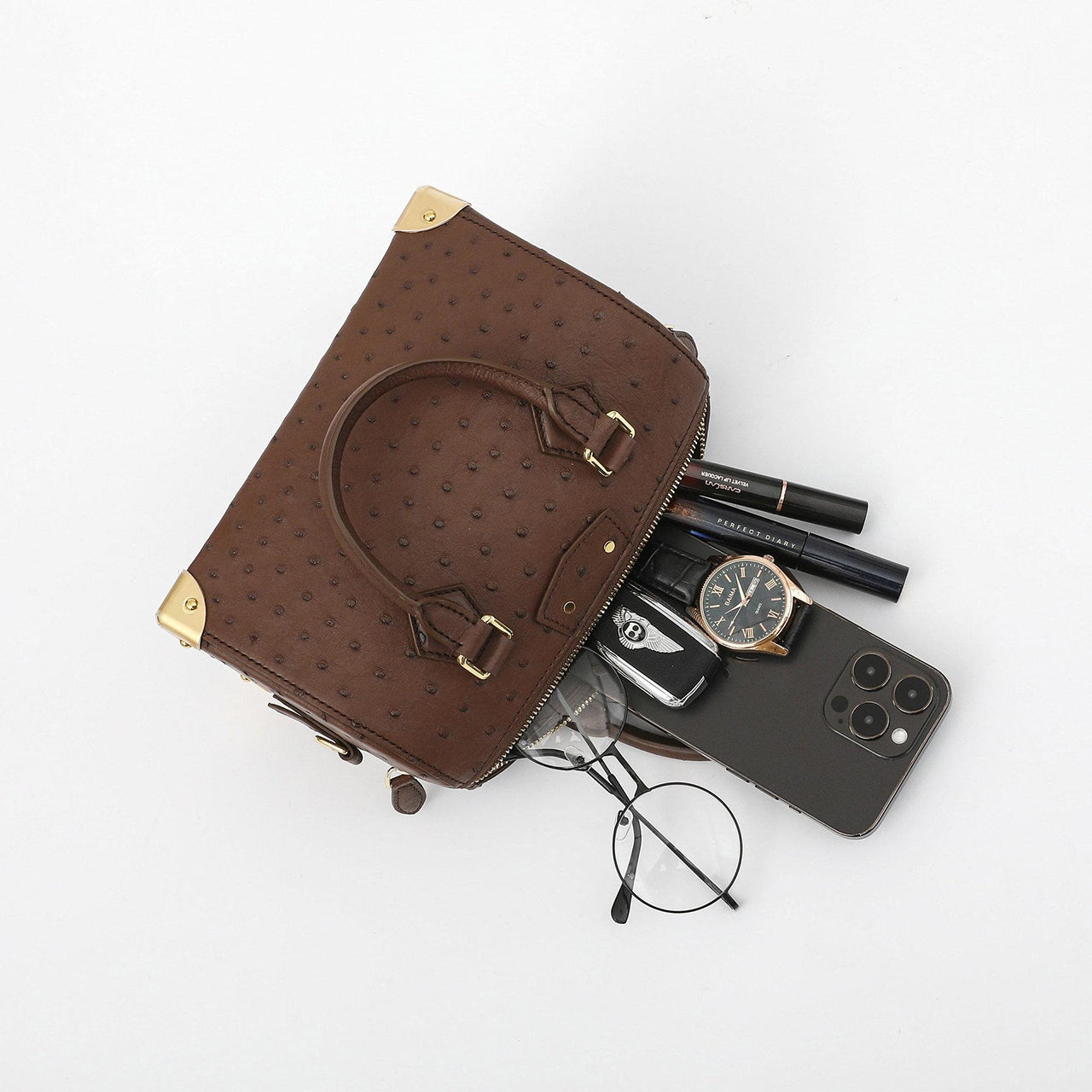 [PD1010] Genuine Ostrich Leather Mini Trunk Bag with long strap handbag crossbody bag PD1010