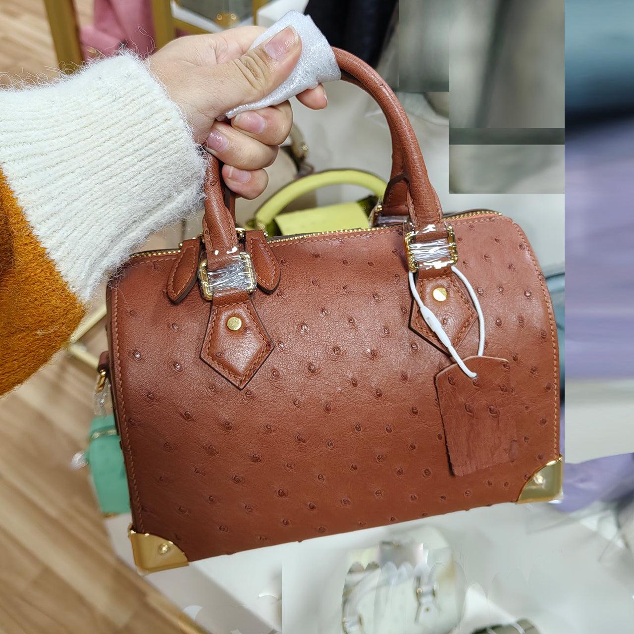 [PD1010] Genuine Ostrich Leather Mini Trunk Bag with long strap handbag crossbody bag PD1010