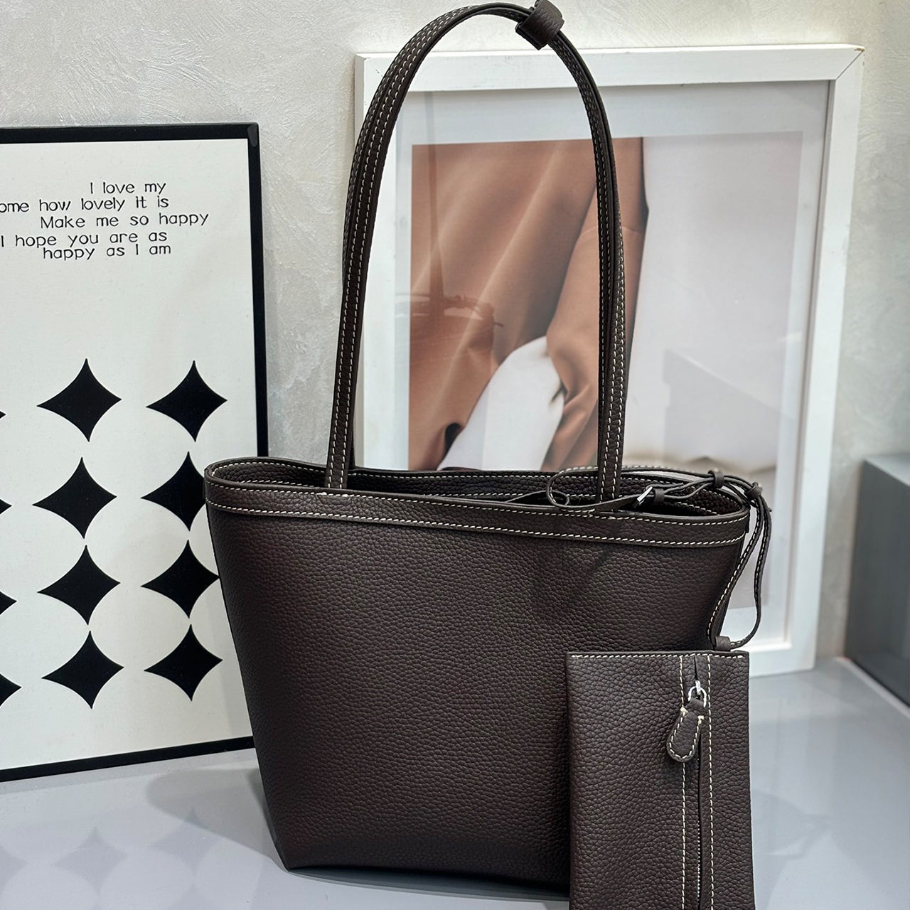 [PD1012] Premium Full leather Handmade stitches Clemence leather shoulder tote bag PD1012