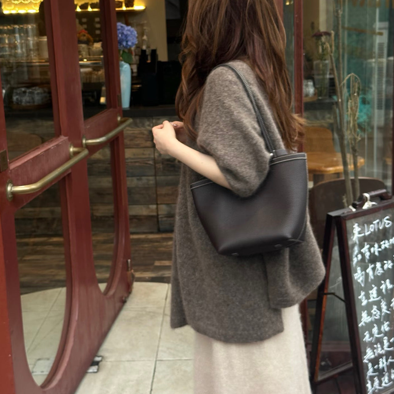 [PD1012] Premium Full leather Handmade stitches Clemence leather shoulder tote bag PD1012