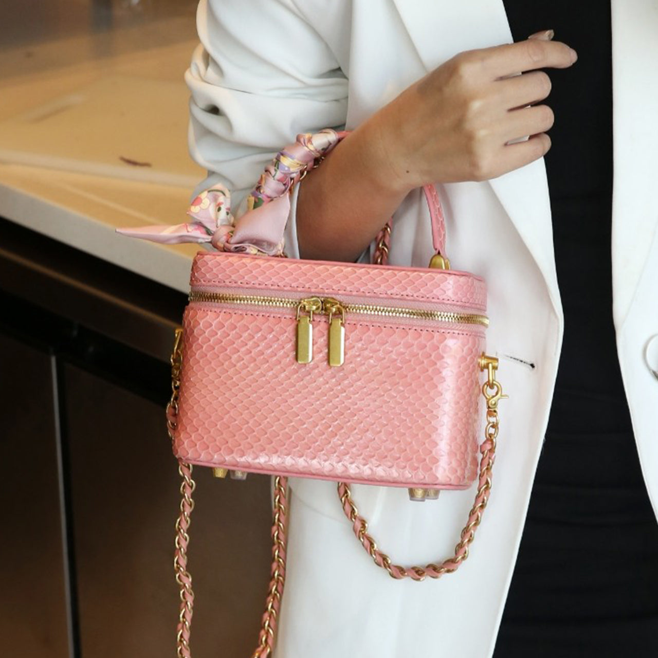 [PD1020] Real Snakeskin Box chain strap crossbody handbag can fit cellphone everyday bag 18cm PD1020