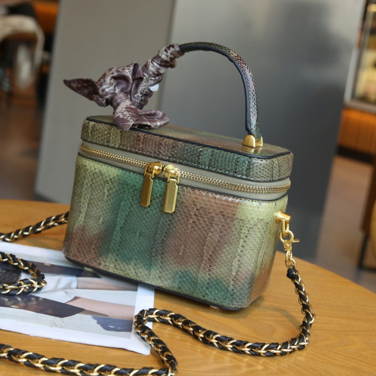 [PD1020] Real Snakeskin Box chain strap crossbody handbag can fit cellphone everyday bag 18cm PD1020