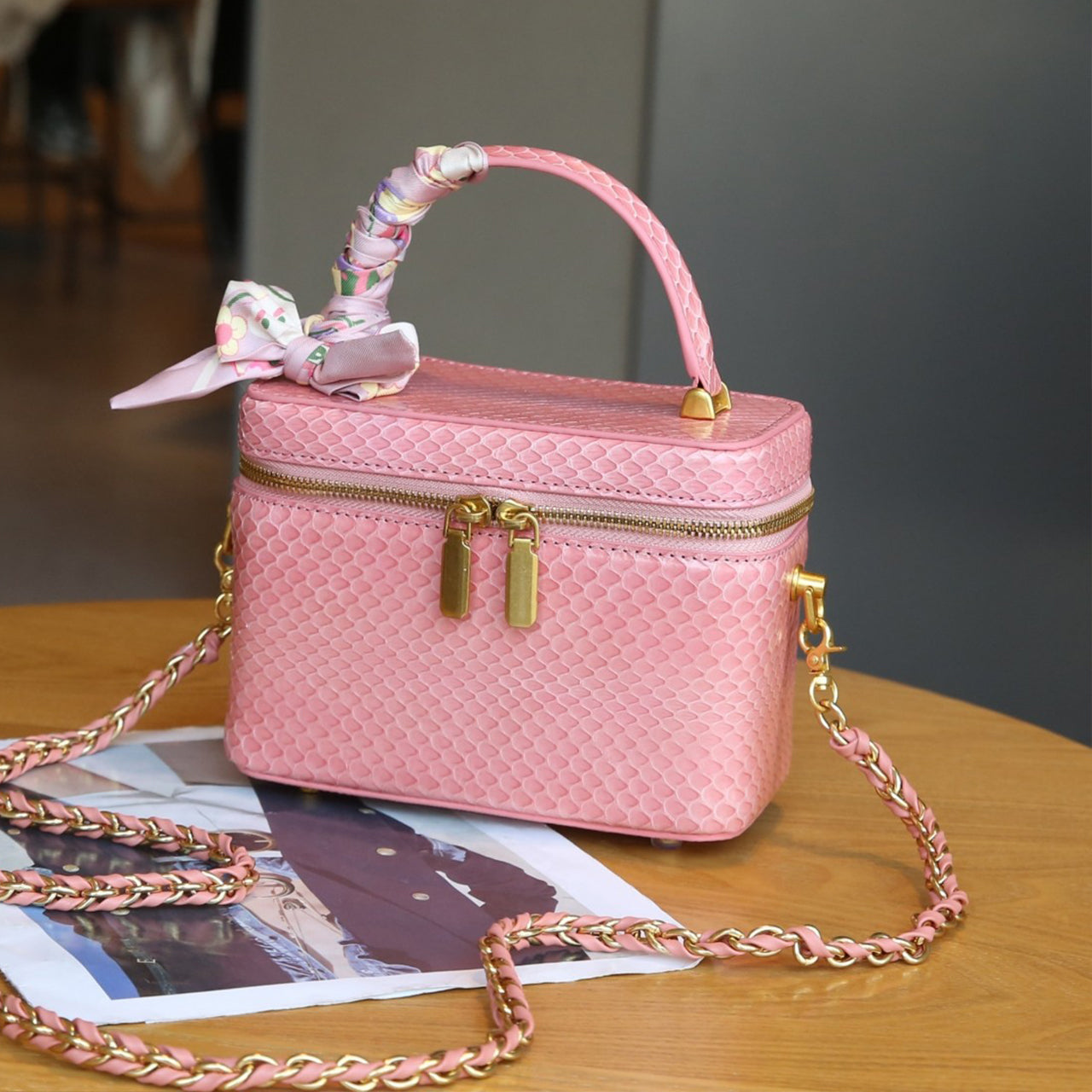 [PD1020] Real Snakeskin Box chain strap crossbody handbag can fit cellphone everyday bag 18cm PD1020