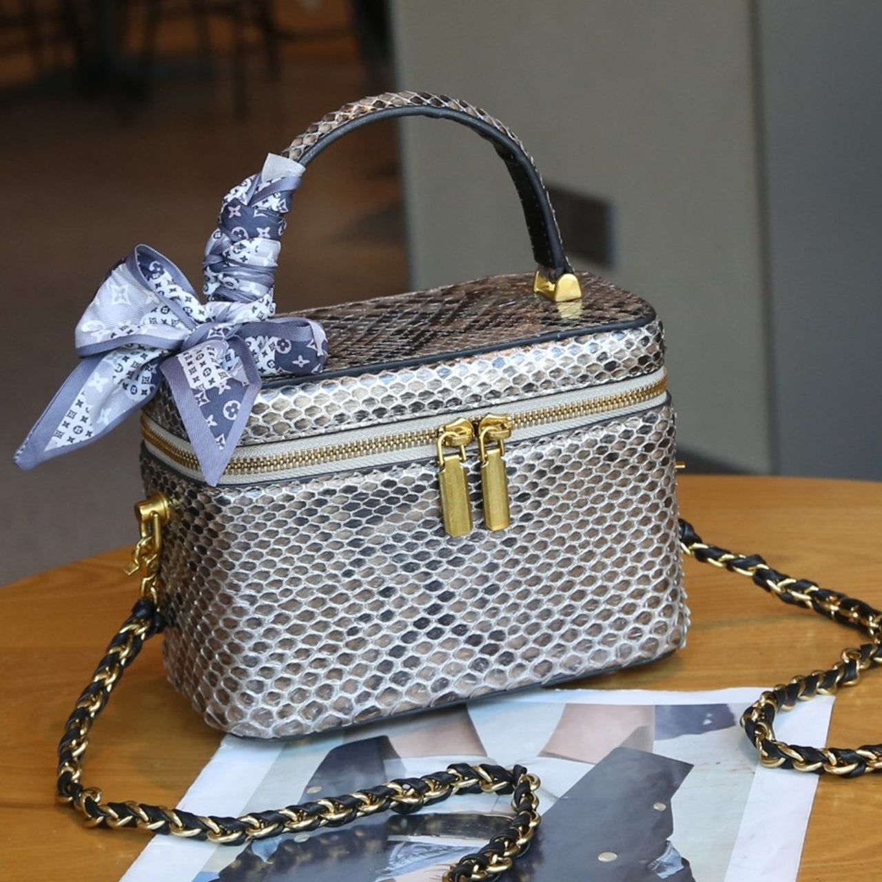 [PD1020] Real Snakeskin Box chain strap crossbody handbag can fit cellphone everyday bag 18cm PD1020