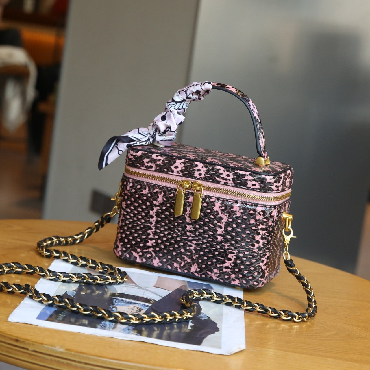 [PD1020] Real Snakeskin Box chain strap crossbody handbag can fit cellphone everyday bag 18cm PD1020