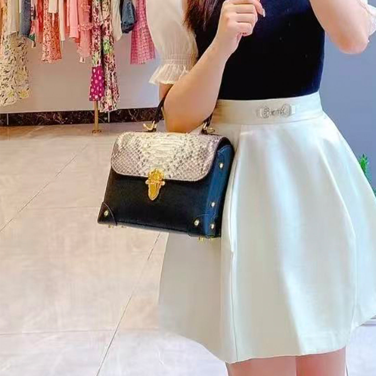 [PD1021] Women's Top-Handle Flap Bag in Full-Grain Cowhide & Snakeskin PD1021