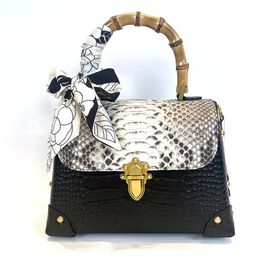 [PD1021] Women's Top-Handle Flap Bag in Full-Grain Cowhide & Snakeskin PD1021