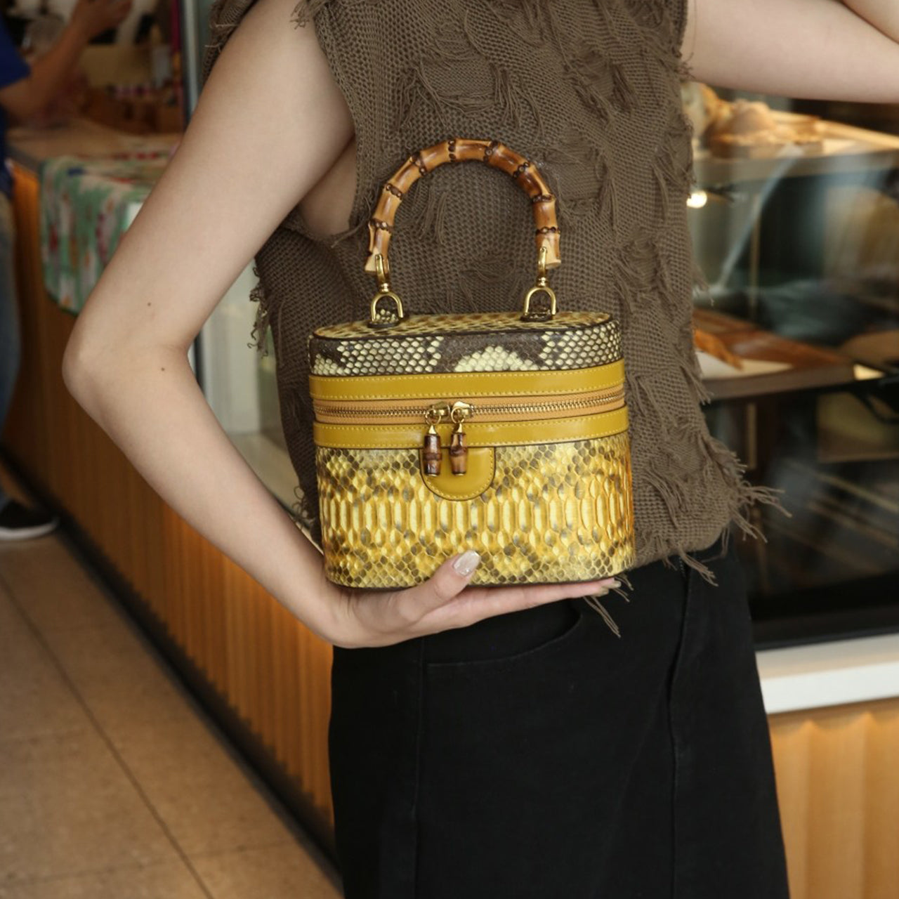 [PD1022] Full real Snakeskin handcrafted real bamboo crossbody handbag unique 19cm can fit cellphone PD1022