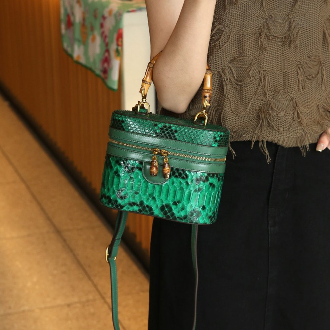 [PD1022] Full real Snakeskin handcrafted real bamboo crossbody handbag unique 19cm can fit cellphone PD1022