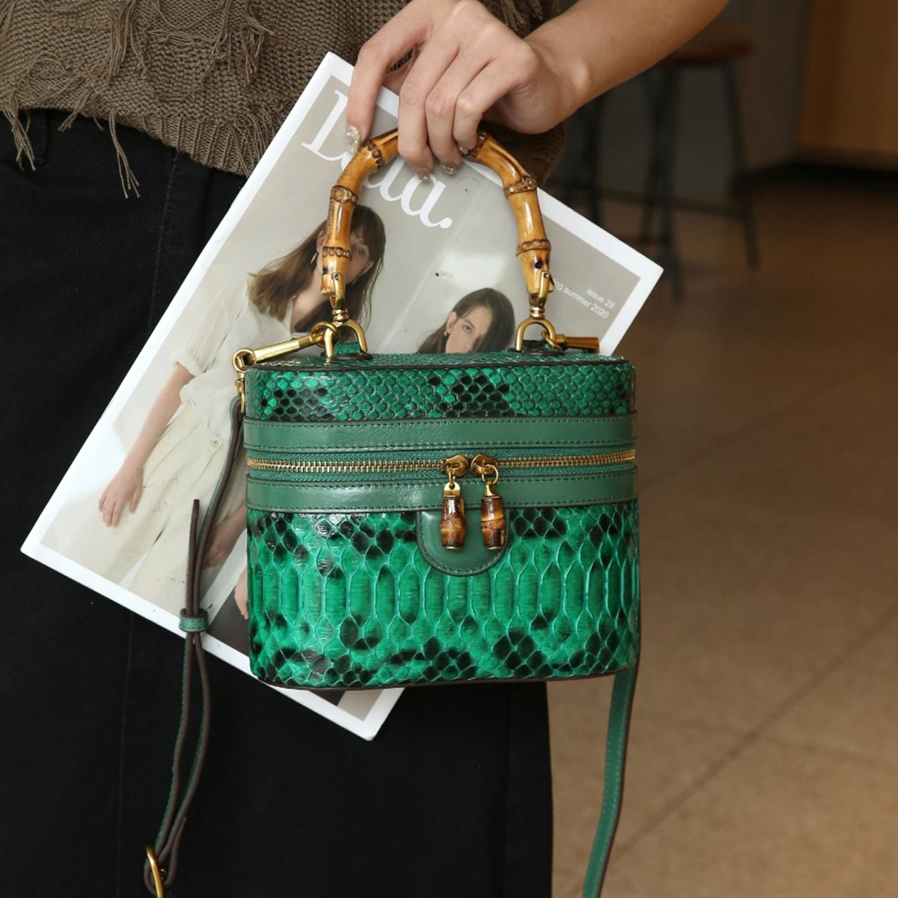 [PD1022] Full real Snakeskin handcrafted real bamboo crossbody handbag unique 19cm can fit cellphone PD1022