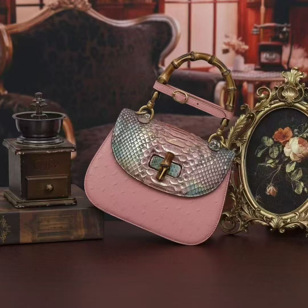 [PD1068] Handmade Bamboo exotic skin handbag crossbody snakeskin Orstrich skin PD1068