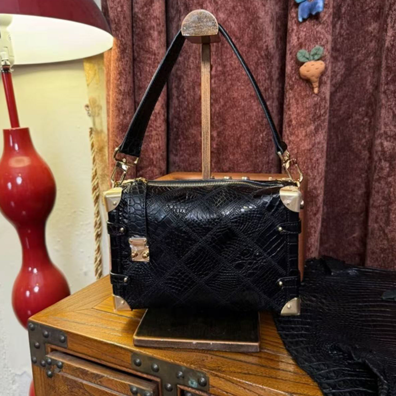 [PD1071] Genuine crocodile leather handmade woven trunk Boston bag  PD1071