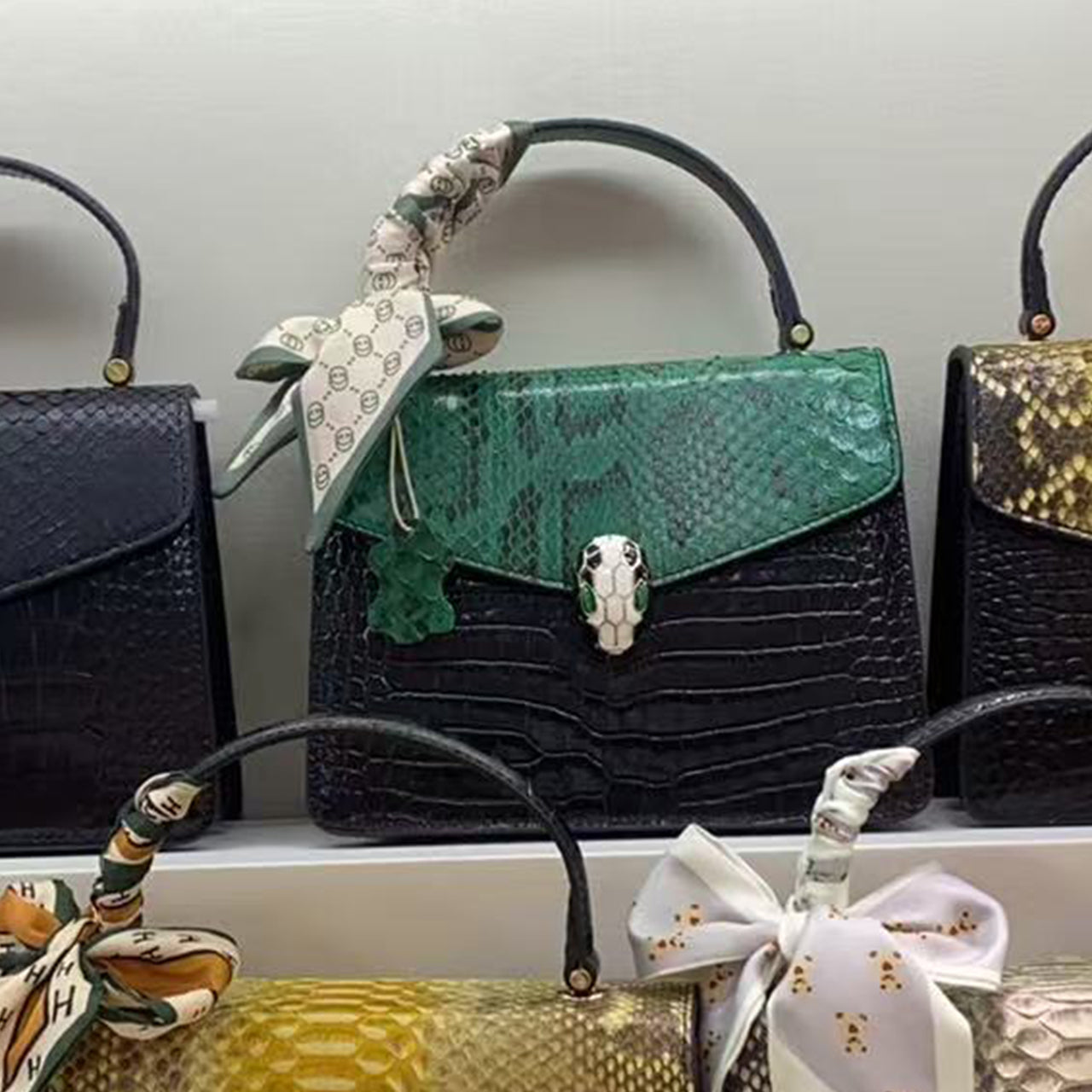 [PD1076] High-Quality Women's Top-Handle Flap Bag in Python & Cowhide Leather with Adjustable Shoulder/Crossbody Strap PD1076