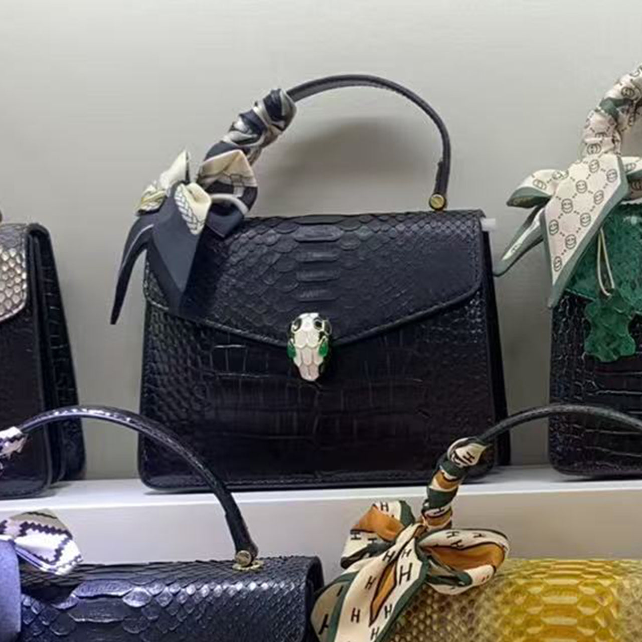 [PD1076] High-Quality Women's Top-Handle Flap Bag in Python & Cowhide Leather with Adjustable Shoulder/Crossbody Strap PD1076