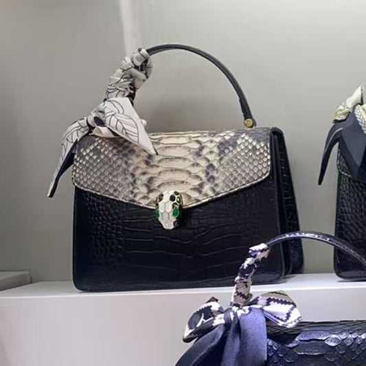 [PD1076] High-Quality Women's Top-Handle Flap Bag in Python & Cowhide Leather with Adjustable Shoulder/Crossbody Strap PD1076