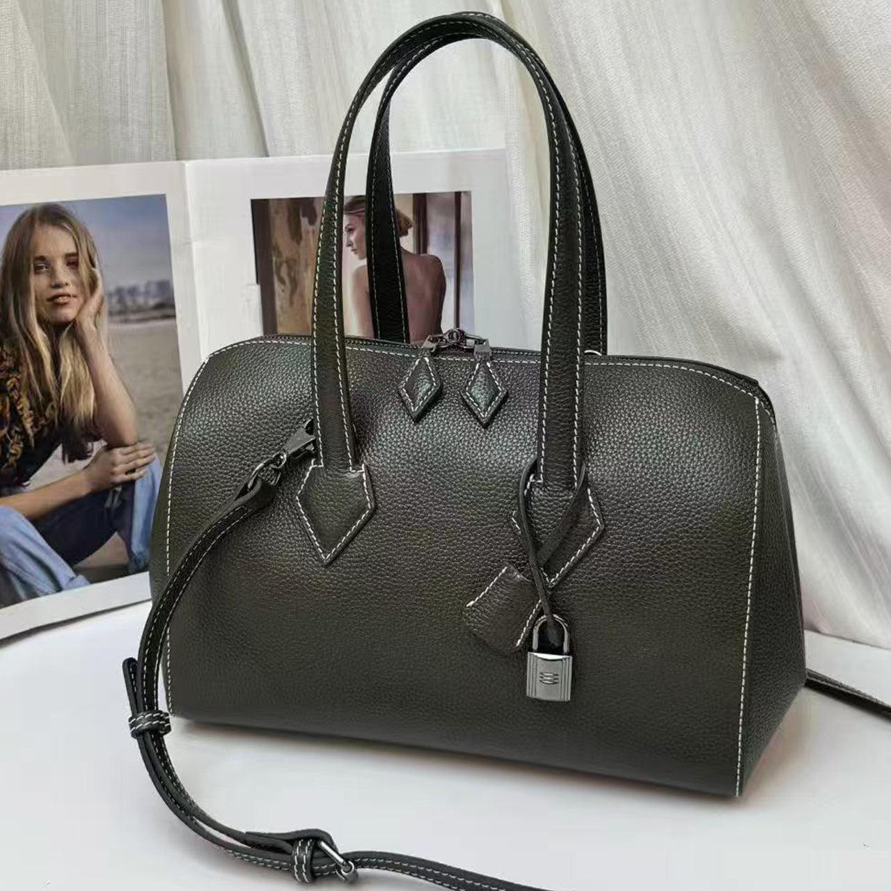 [PD1086] Handcrafted Barenia Faubourg full grain leather Boston bag, 28cm in length, featuring a smooth, durable retro inspired design with a luxurious shine. Crossbody strap included. Model PD1086