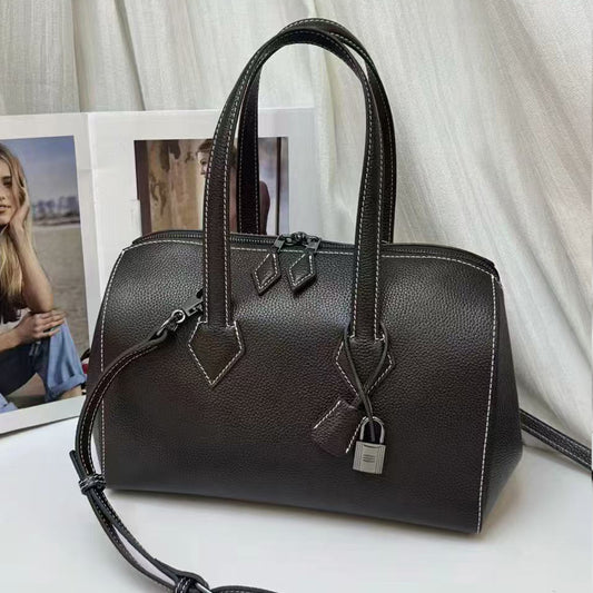 [PD1086] Handcrafted Barenia Faubourg full grain leather Boston bag, 28cm in length, featuring a smooth, durable retro inspired design with a luxurious shine. Crossbody strap included. Model PD1086