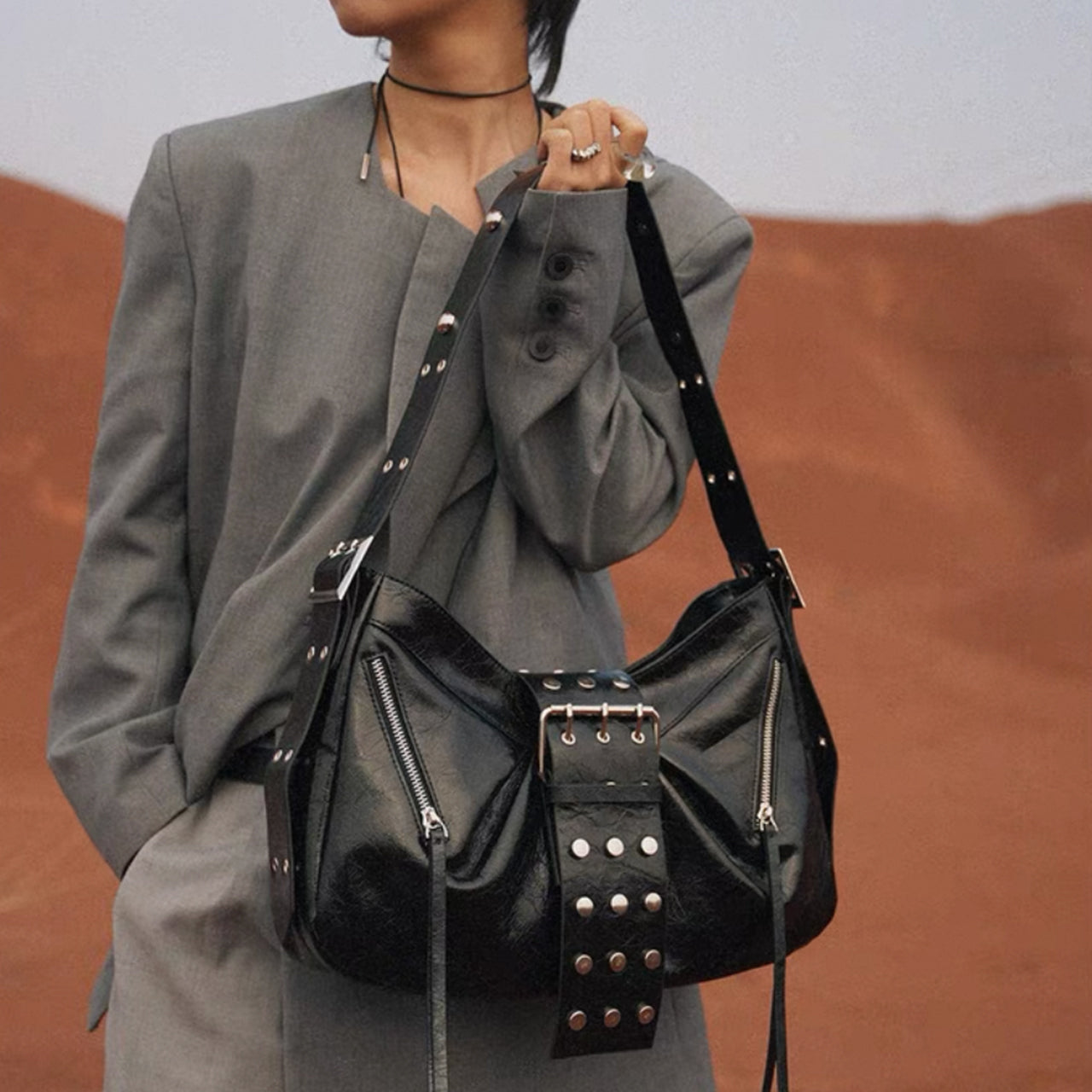 [PD1087]38cm high fashion self designed Large size oil waxed cowhide leather shoulder bag crossbody silverware  PD1087