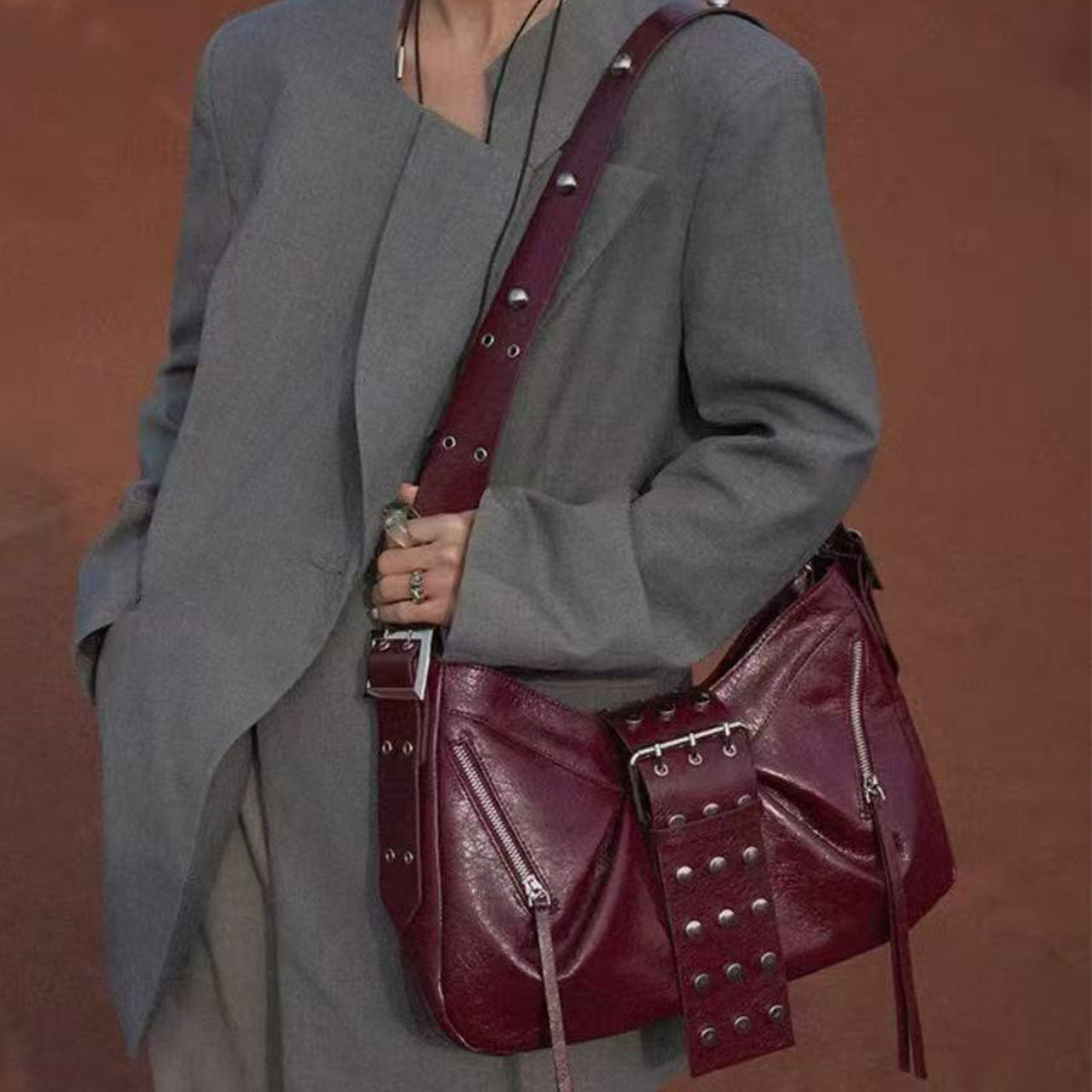 [PD1087]38cm high fashion self designed Large size oil waxed cowhide leather shoulder bag crossbody silverware  PD1087