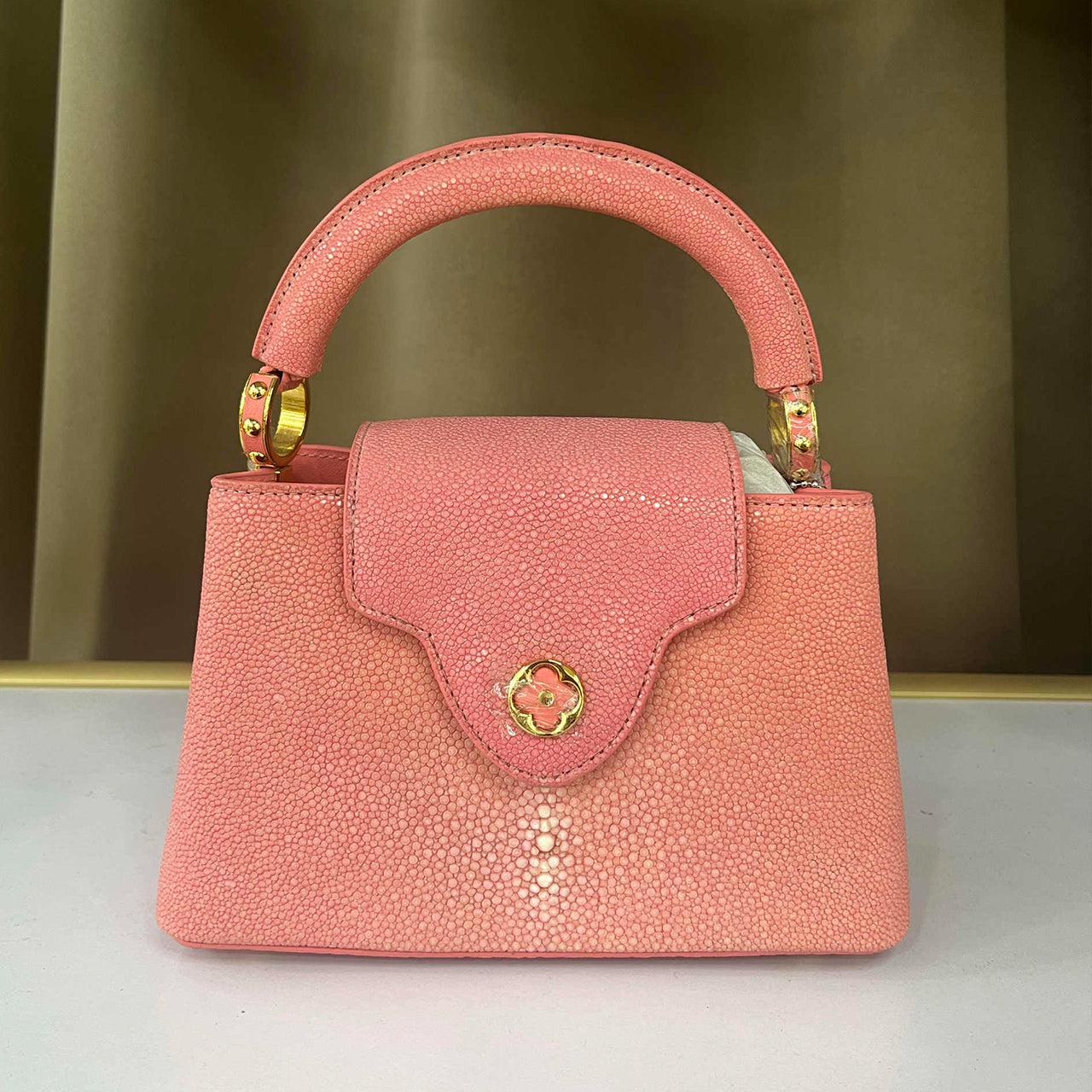 [PD1089] High end genuine stingray leather scratch resistant durable V style long strap sling crossbody handbag gold hardware structured bag PD1089