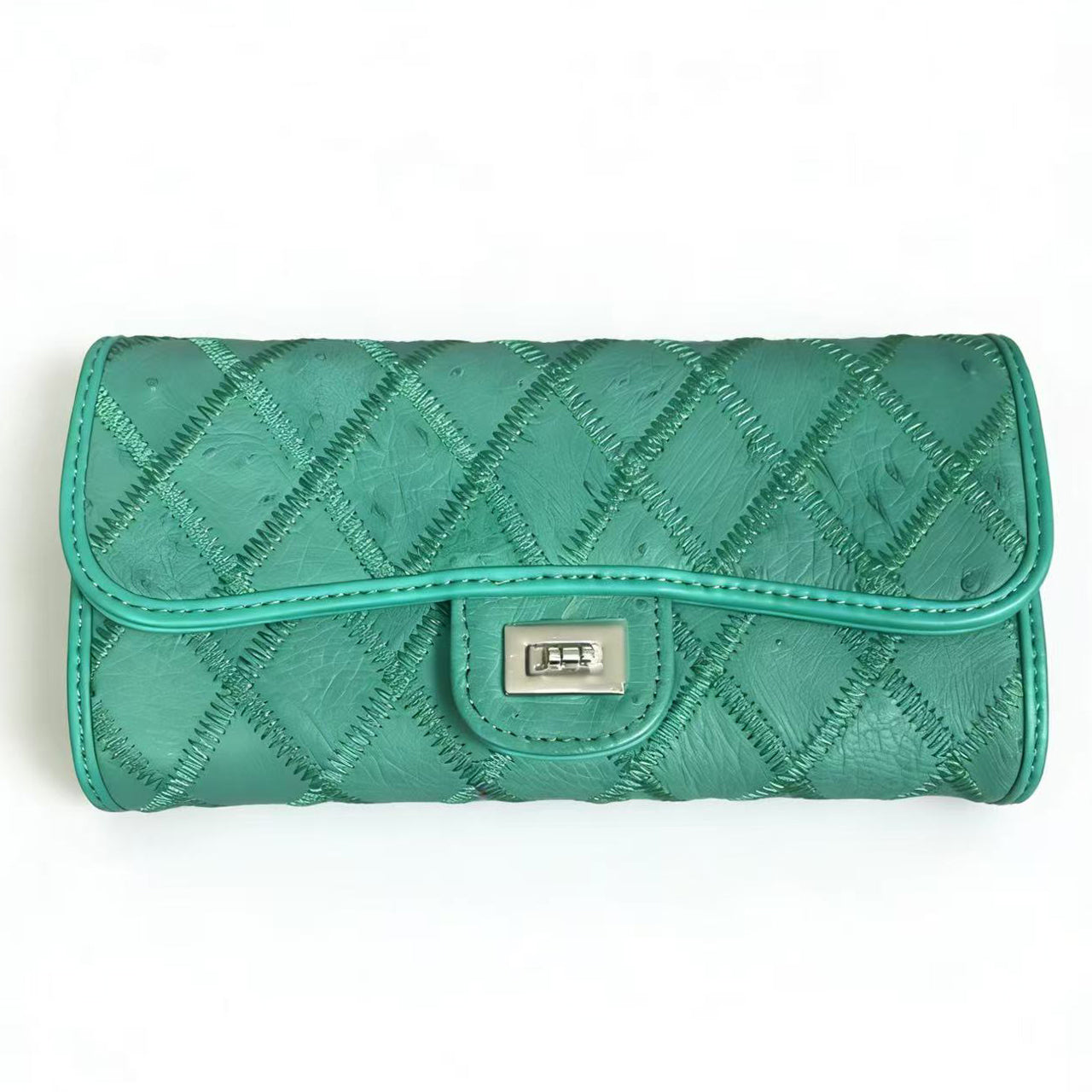 [PD1091] Handmade genuine Orstrich leather 19cm diamond quilted silver hardware wallet on long chain crossbody sling can fit promax  PD1091