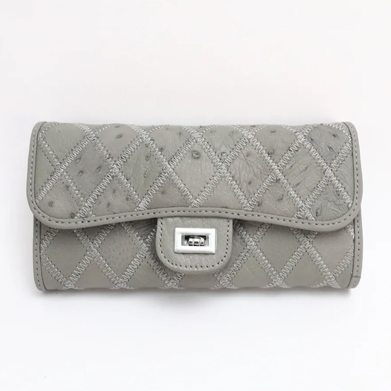 [PD1091] Handmade genuine Orstrich leather 19cm diamond quilted silver hardware wallet on long chain crossbody sling can fit promax  PD1091