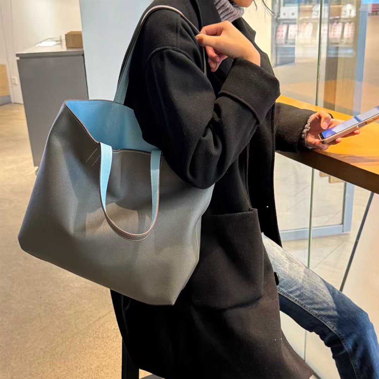 PD1095] 36cm Large Top-Grain Cowhide Leather Tote Bag, Double-Sided Shoulder Bag PD1095